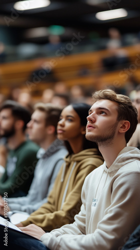 Attentive university students listening to lecture in a crowded auditorium