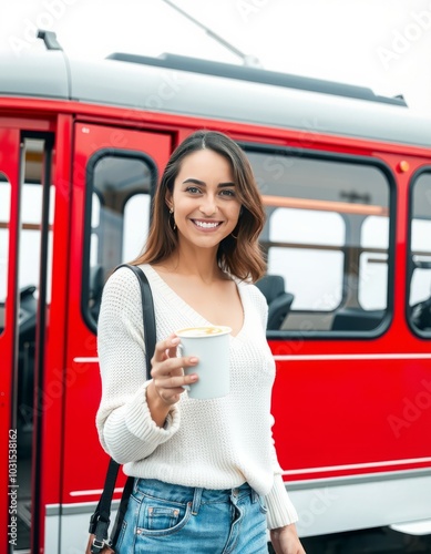 She is holding a cup of coffee standing near the red tram Her sm