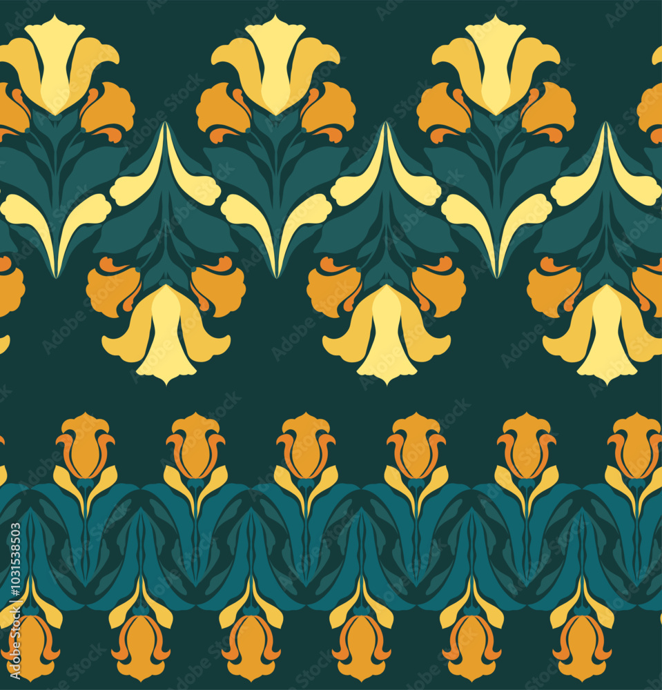 Naklejka premium Vector set of art nouveau borders with irises and freesias silhouettes. Collection of horizontal friezes with blooming flowers on dark green background. Ornate floral paintbrushes