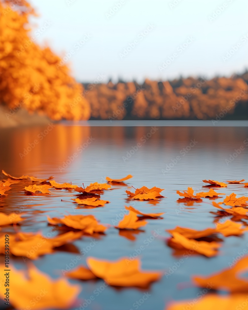 Tranquil autumn scene with orange leaves on water surface