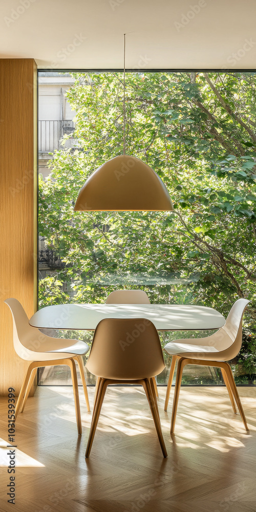 Fototapeta premium Modern dining space with a view of greenery in a bright, contemporary home