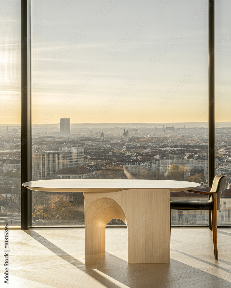 Fototapeta premium Natural light floods a modern dining space overlooking the city at sunset