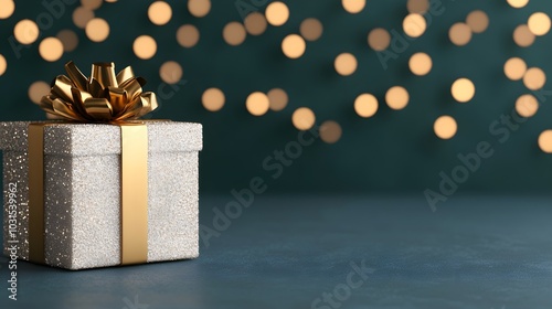 Elegant gift box with golden bow against festive backdrop