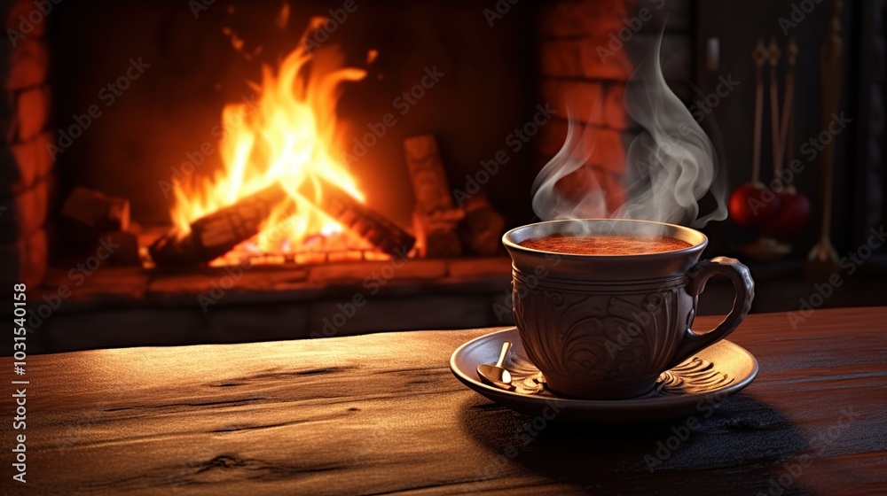Mug of hot coffee by near fireplace. Mug of hot coffee by near fireplace.
