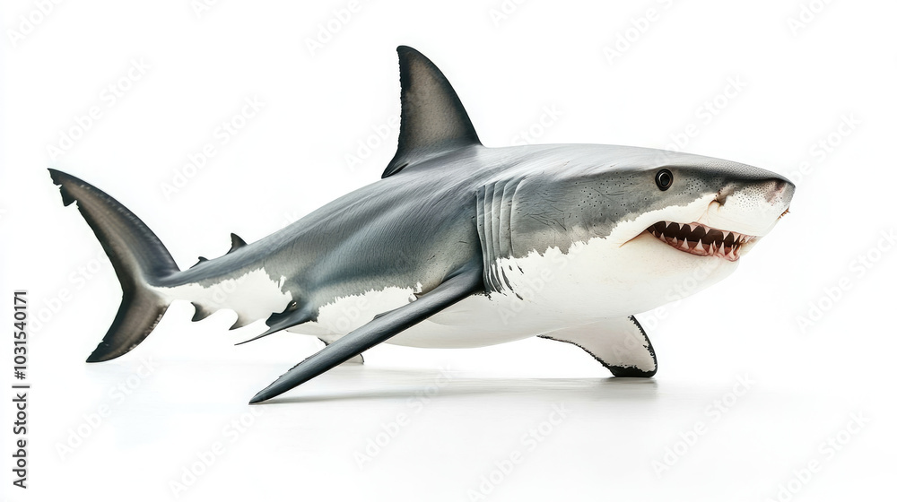Great white Shark fish full body view from side isolated on white background Great white Shark fish full body view from side isolated on white background