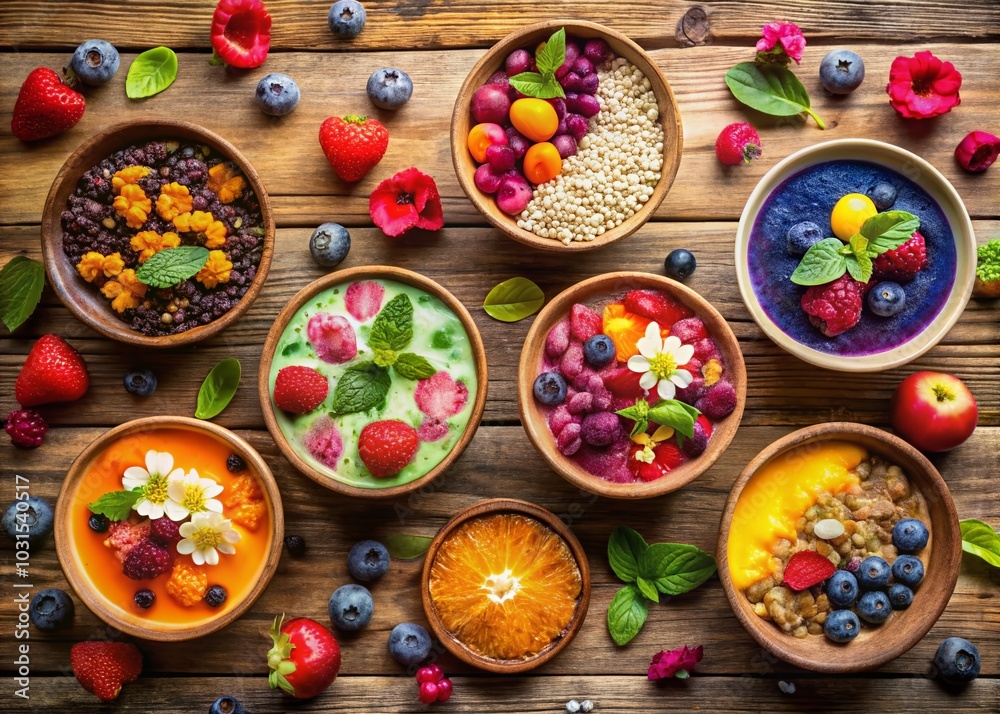 Overhead View of Colorful Smoothie Bowls with Toppings - Vibrant and Healthy Breakfast Ideas Overhead View of Colorful Smoothie Bowls with Toppings - Vibrant and Healthy Breakfast Ideas