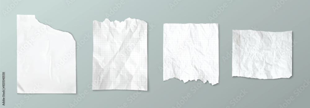 Torn notebook paper with wrinkles. Crumpled white sheet with checkered pattern. Realistic 3d vector illustration set of wrinkled blank scrapbook and collage design material. Memo note mockup.