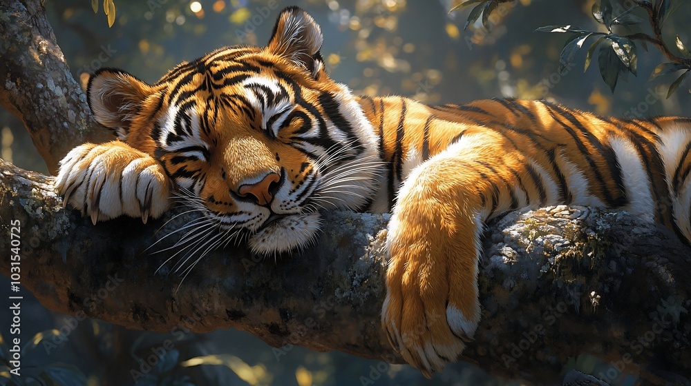 A resting tiger draped over a tree branch in a serene forest setting. A resting tiger draped over a tree branch in a serene forest setting.