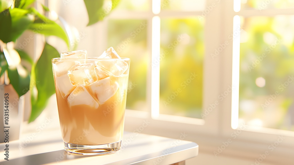 Refreshing Iced Tea in Sunlit Cafe: A tall glass of iced tea, brimming with ice cubes, stands on a wooden table bathed in warm sunlight streaming through a window. Refreshing Iced Tea in Sunlit Cafe: A tall glass of iced tea, brimming with ice cubes, stands on a wooden table bathed in warm sunlight streaming through a window.