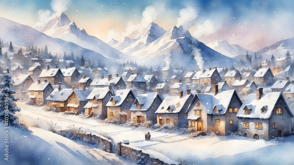 Fototapeta premium Charming watercolor illustration of a snowy village with mountains in the background at sunset for winter holiday concept