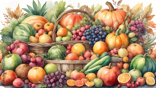 Abundant watercolor illustration of a harvest basket filled with various fruits and pumpkins for autumn bounty concept