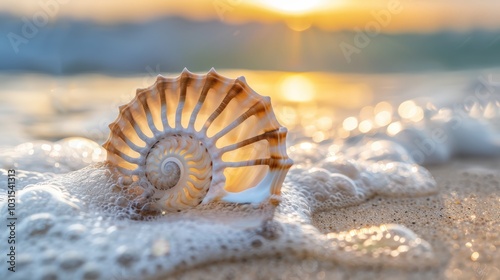 Beautiful Nautilus Shell on Sandy Beach at Sunset