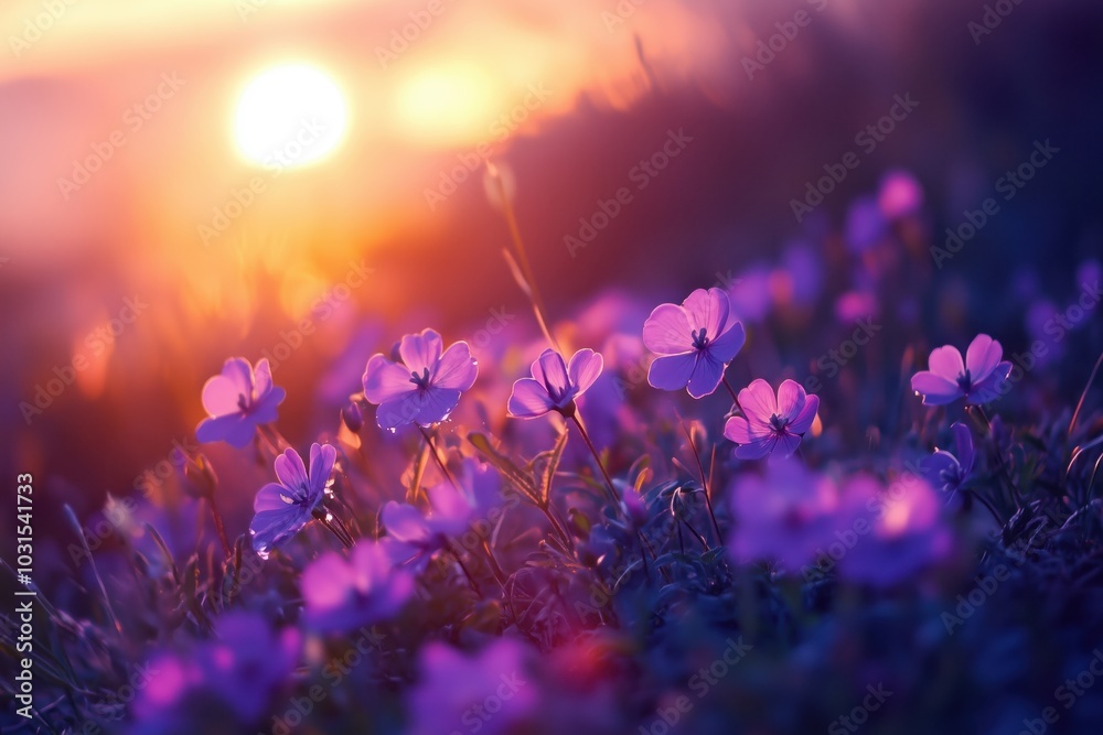 Obraz premium Close-up of purple flowers growing on field during sunset