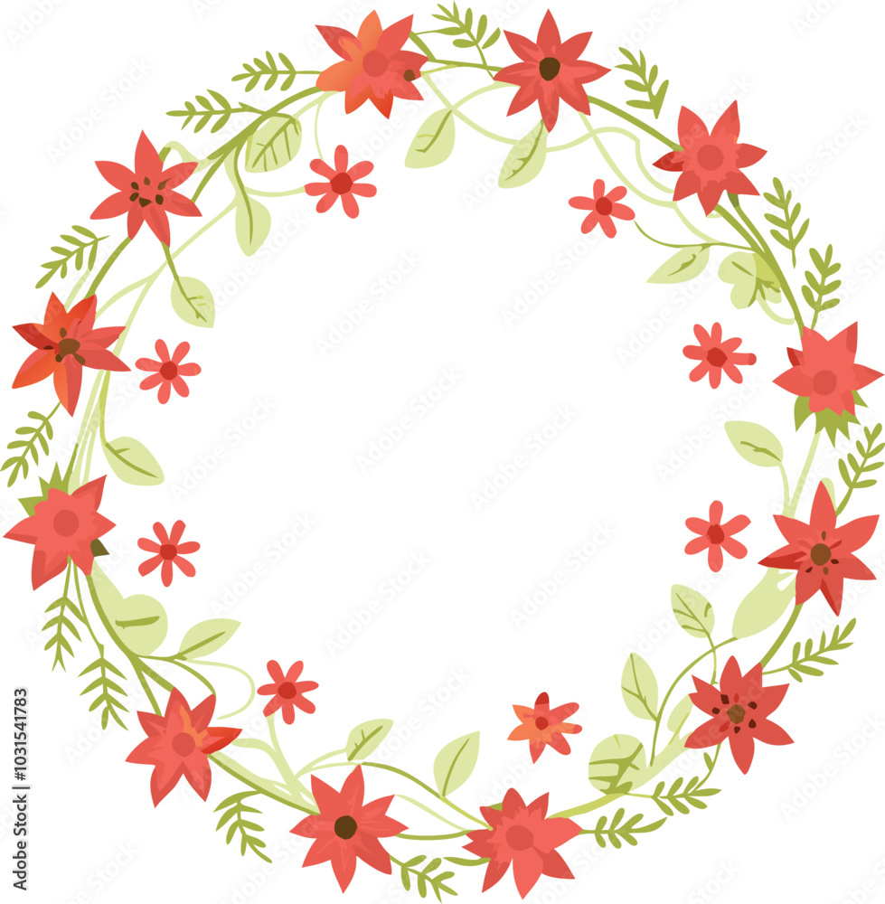 Floral Wreath Design with Red Flowers and Green Leaves Floral Wreath Design with Red Flowers and Green Leaves