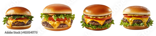 Juicy cheeseburger with lettuce, tomato, and melted cheese, isolated on a transparent background.