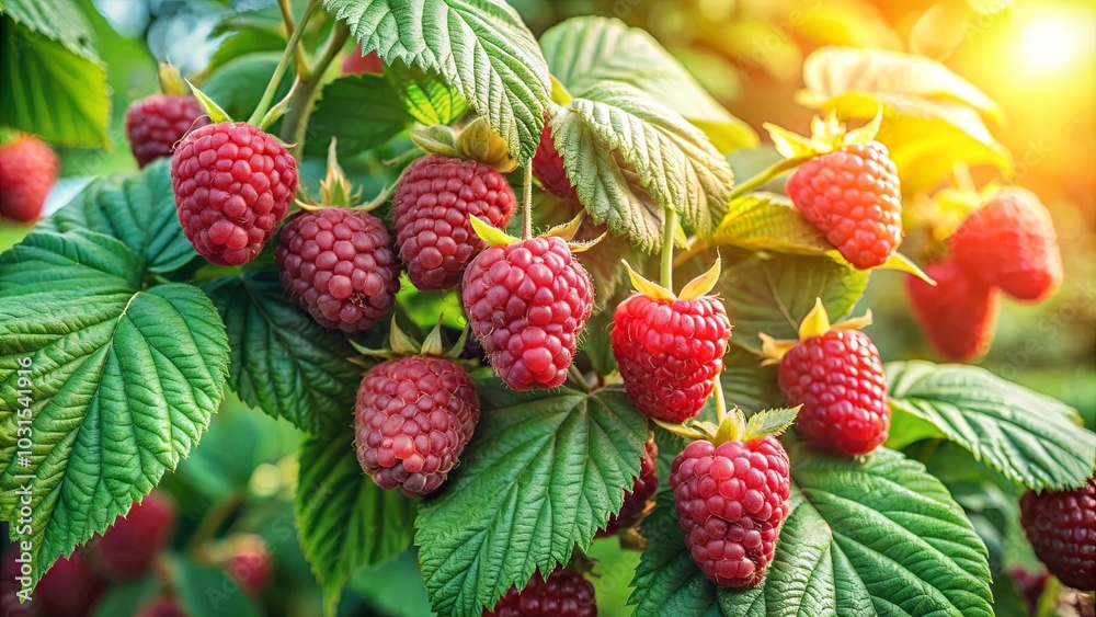 A cluster of ripe raspberries, their bright red hues contrasting with the deep green foliage, bathed in the warm glow of the afternoon sun. A cluster of ripe raspberries, their bright red hues contrasting with the deep green foliage, bathed in the warm glow of the afternoon sun.