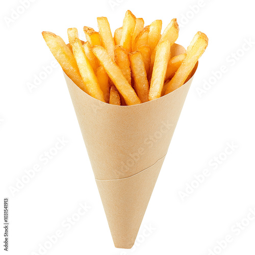 Golden French fries in a paper cone, isolated on a transparent background.