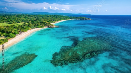 Aerial view of a pristine, white sand beach with crystal clear turquoise water and lush green vegetation.