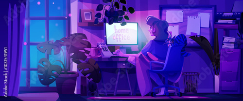 Woman working home late at night. Vector cartoon illustration of young female freelancer or student using desktop computer in dark room, cute cat on armchair, paper notes on wall, coffee cup on table