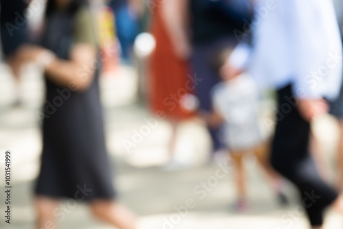 A blurry photo of a group of people walking down a street. The people are wearing various types of clothing, including a woman in a black dress. The photo has a sense of movement and energy