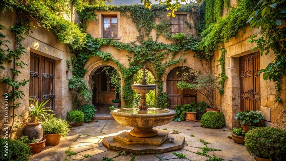 Stone courtyard with a central fountain, surrounded by arched doorways and verdant foliage, bathed in the warm glow of sunlight Stone courtyard with a central fountain, surrounded by arched doorways and verdant foliage, bathed in the warm glow of sunlight