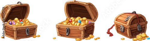 Vector illustration. Image of an open treasure chest with gold coins and gems. on a white background