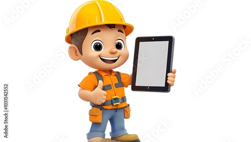 Cute Cartoon Construction Worker (Presenting a Tablet)
