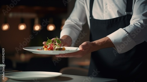 Close-up on the hand of a waiter carrying Modern food stylist decorating meal for presentation in restaurant