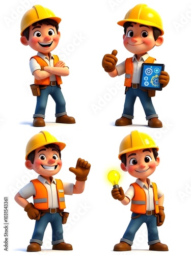 Cute cartoon construction workers in various poses
