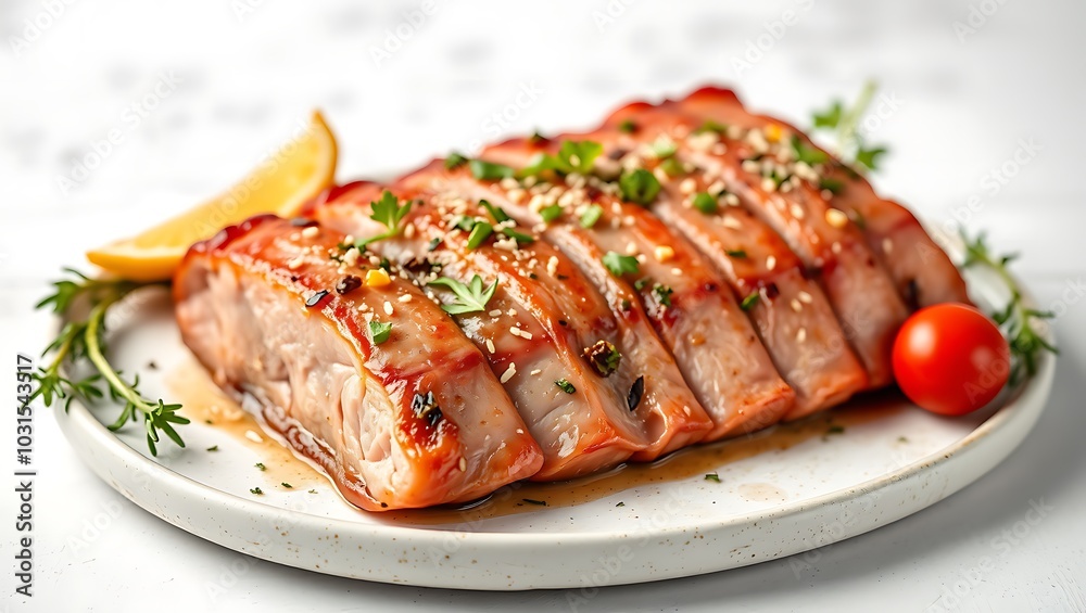 Delicious baked pork belly served with sauce and parsley Delicious baked pork belly served with sauce and parsley