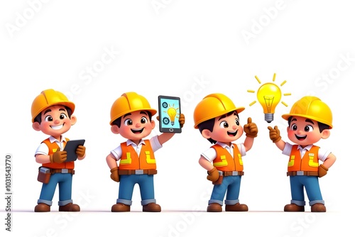 Cute cartoon construction workers in various poses "Cute cartoon of a smiling construction worker wearing a yellow hard hat, white shirt and orange safety vest, standing confidently with his arms cros