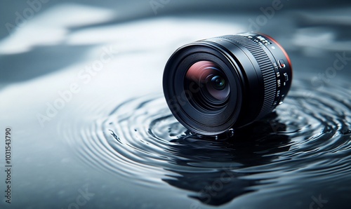 A camera lens floats on the surface of water, creating ripples. photo