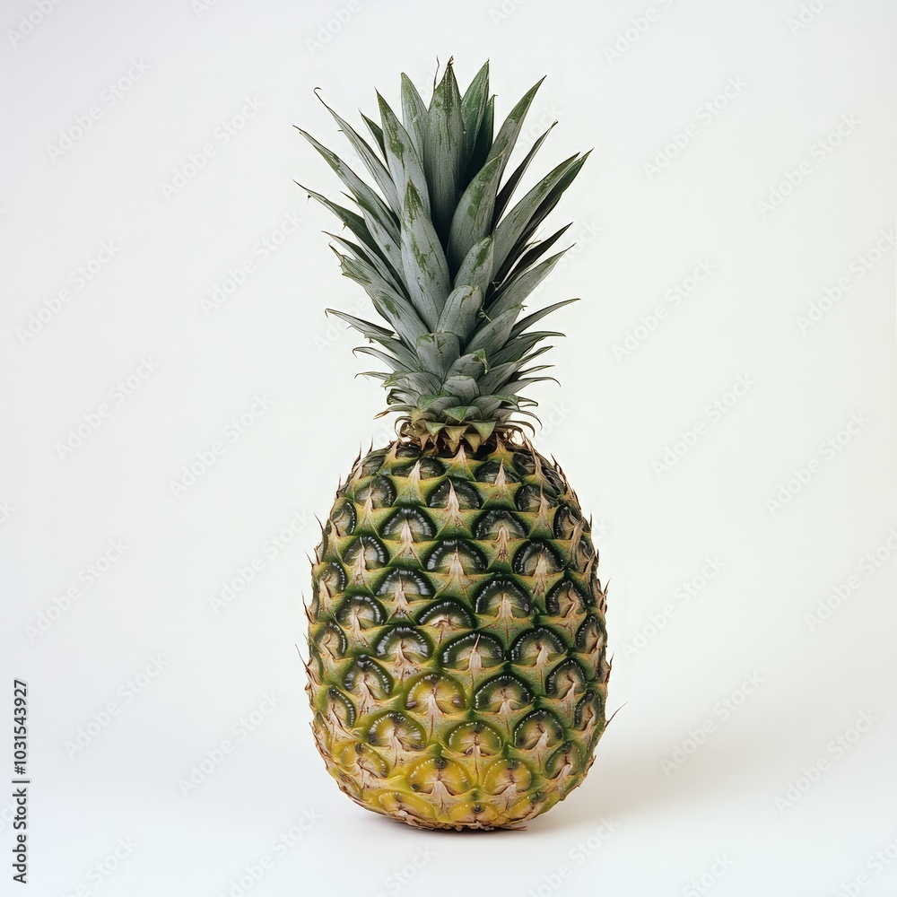 A whole pineapple with its spiky crown, sitting upright on a clean white background