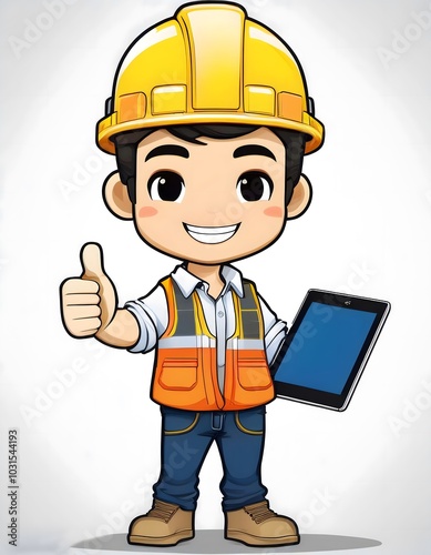 Cute Cartoon Construction Worker (Presenting a Tablet)

