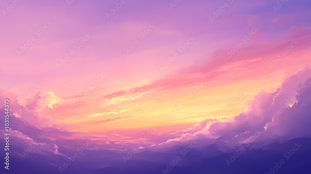 Obraz premium 2408 9.A dreamy pastel sunset, with a glowing pink and purple sky as the final rays of sunlight fade. Soft clouds float across the sky, catching the last warm light, creating a smooth transition of