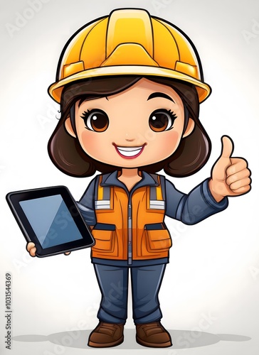 Cute Cartoon Construction Worker (Presenting a Tablet)
