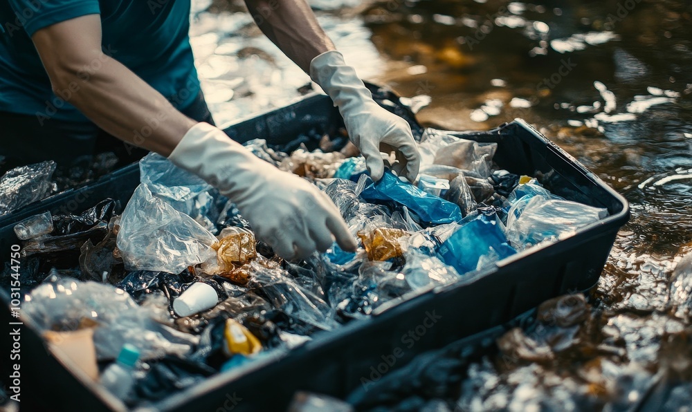 Person cleaning plastic waste from river. Person cleaning plastic waste from river.