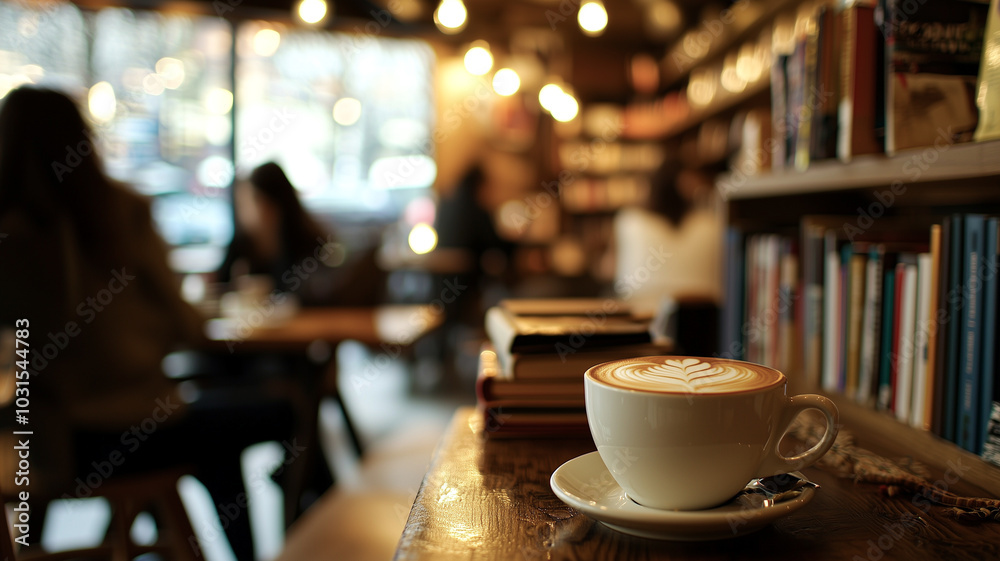 American Woman in Modern Coffee Shop, Savoring Cappuccino Amidst a Warm Atmosphere. American Woman in Modern Coffee Shop, Savoring Cappuccino Amidst a Warm Atmosphere.