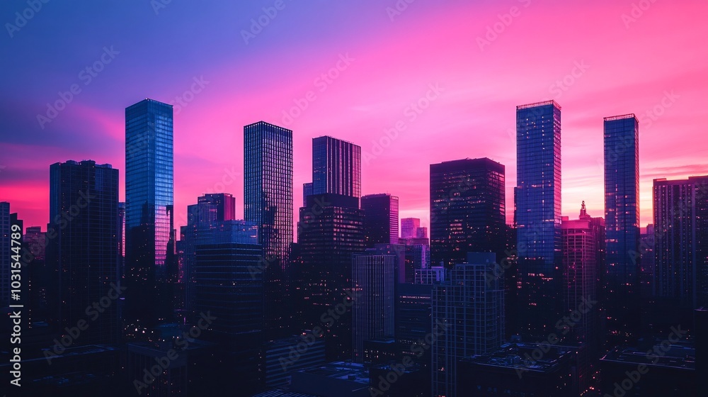 2408 17.A vibrant city silhouette with towering skyscrapers and sleek buildings, set against a stunning pink and blue gradient sunset. The sky glows with warm colors, casting long shadows and soft 2408 17.A vibrant city silhouette with towering skyscrapers and sleek buildings, set against a stunning pink and blue gradient sunset. The sky glows with warm colors, casting long shadows and soft