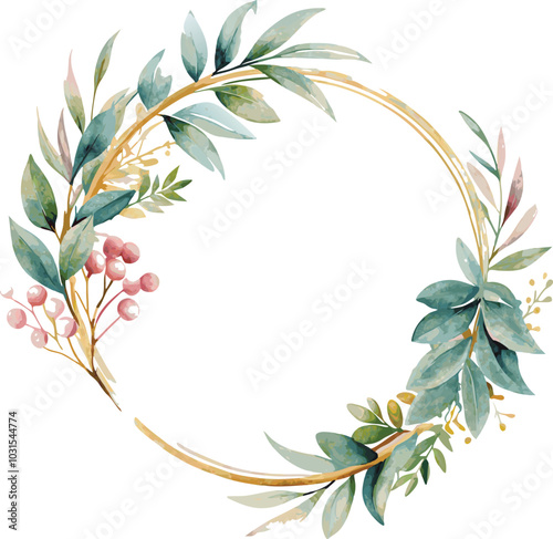 Watercolor Floral Wreath with Gold Circle