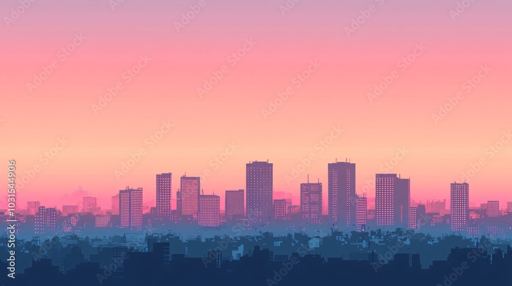 Fototapeta premium 2408 20.A cityscape silhouette featuring tall skyscrapers and sleek modern buildings, set against a pink and blue sunset sky. The skyline is backlit by the fading sunlight, with the gradient sky