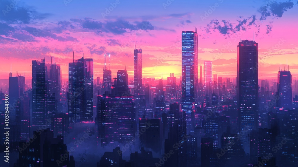 2408 19.A beautiful urban landscape with a pink and blue sunset sky, casting soft light on the silhouette of a bustling metropolis. The towering skyscrapers and sleek office buildings rise against 2408 19.A beautiful urban landscape with a pink and blue sunset sky, casting soft light on the silhouette of a bustling metropolis. The towering skyscrapers and sleek office buildings rise against
