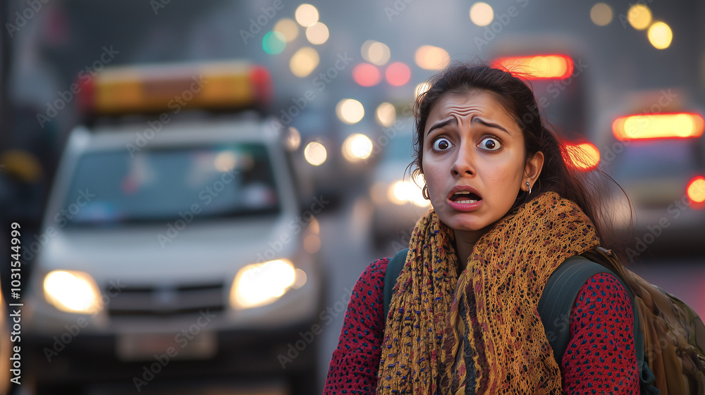 Anxious Indian Woman Looks Surprised as Car Fails on a Crowded Street.. Anxious Indian Woman Looks Surprised as Car Fails on a Crowded Street..