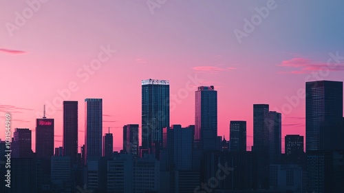 2408 20.A cityscape silhouette featuring tall skyscrapers and sleek modern buildings, set against a pink and blue sunset sky. The skyline is backlit by the fading sunlight, with the gradient sky