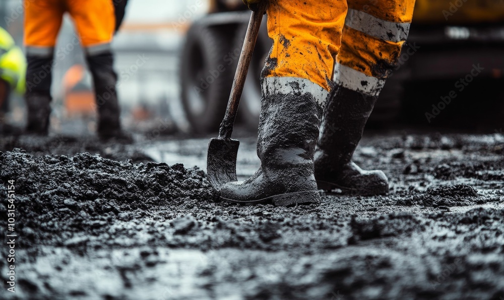 Obraz premium Worker's muddy boots stand in black tar.