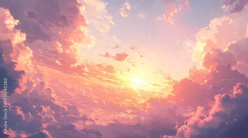 Fototapeta premium 2408 28.A beautiful sunrise sky filled with soft, pink-tinged clouds and warm yellow sunlight. The scene captures the quiet serenity of the morning, with the delicate colors blending to create a