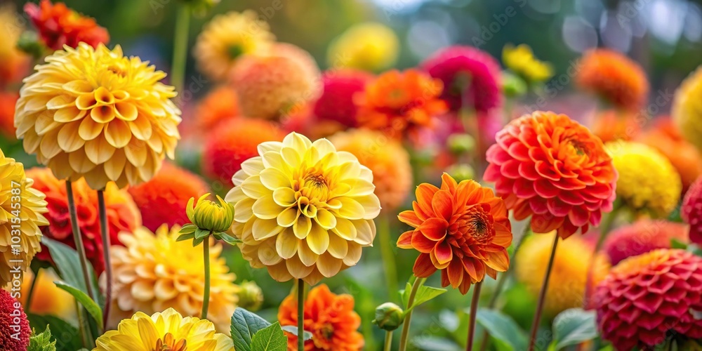 Vibrant yellow, orange, and red dahlia flower and plant from a wide-angle perspective Vibrant yellow, orange, and red dahlia flower and plant from a wide-angle perspective