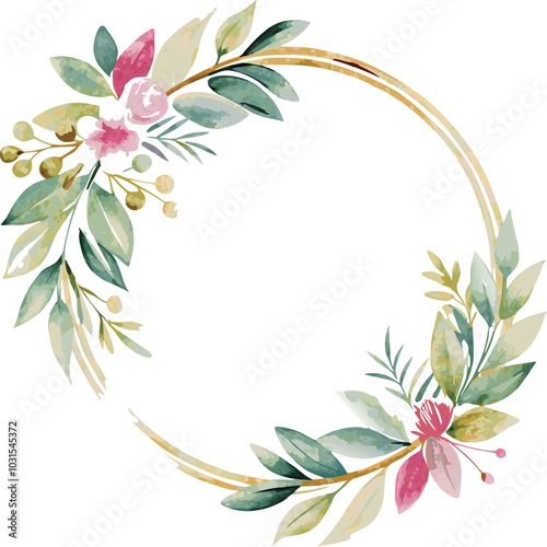 Watercolor Floral Wreath with Gold Rim