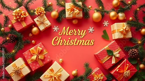 Christmas greeting card design with gold giftboxes, baubles and Christmas trees featuring the text "Merry Christmas" in the center on red background, Christmas Day concept