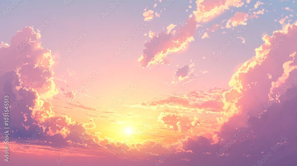 Fototapeta premium 2408 30.A warm sunrise sky with soft pink clouds and golden light spreading across the horizon. The delicate pastel hues blend together, creating a joyful and peaceful atmosphere. The gentle sunlight